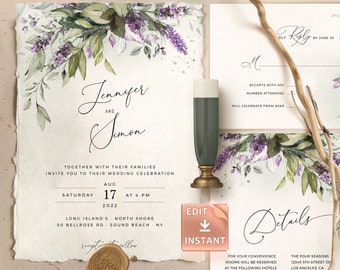 LAMI - Lavender Wedding Invitation Template, Purple Watercolor Greenery Wedding Invite, Sage Garden Wedding Template Suite, Instant Download