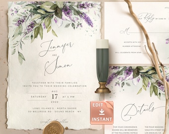 Lavender Wedding Invitation Template: Watercolor Greenery (Instant Download)