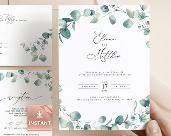 LAILA - Bohemian Wedding Invitation Template with Watercolor Eucalyptus Greenery, INSTANT Download, Editable, Printable Boho Templett Suite