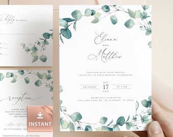 Watercolor Eucalyptus Wedding Invitation Template: Bohemian Printable Suite (Instant Download)