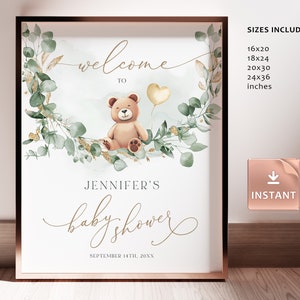 Orsetto verde oro Baby Shower Segno di benvenuto Orso personalizzato Palloncino Segno Poster animale modificabile Teddy Benvenuto Genere Segnaletica marrone neutro FUZZY