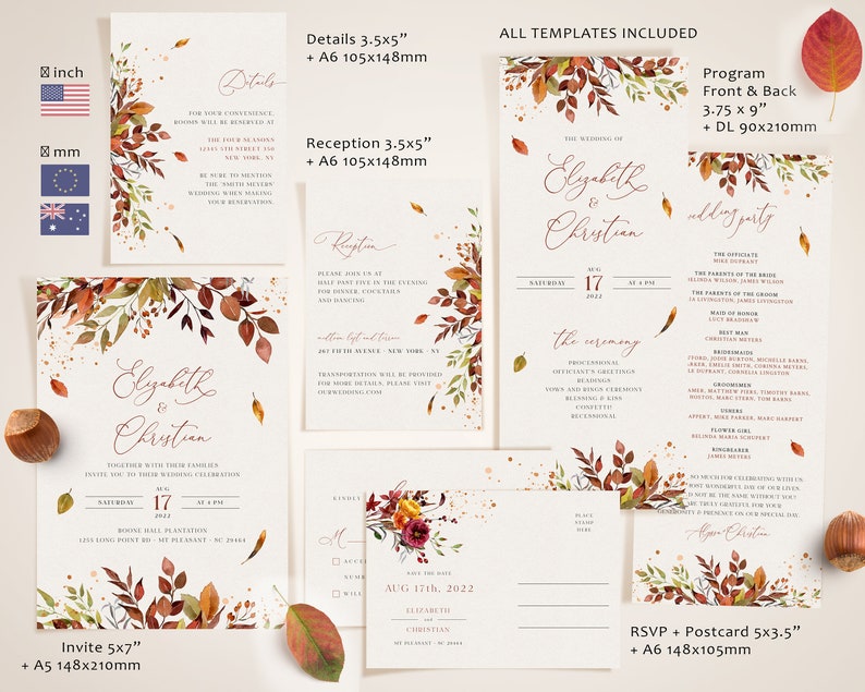 SIENNA Fall Wedding Invitation Template, Rustic Autumn Leaves and Greenery, Download Editable Invite, Printable Marriage, Bundle Invites image 2