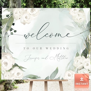 Greenery Wedding Welcome Sign: White Roses, Boho Printable (Digital Download)