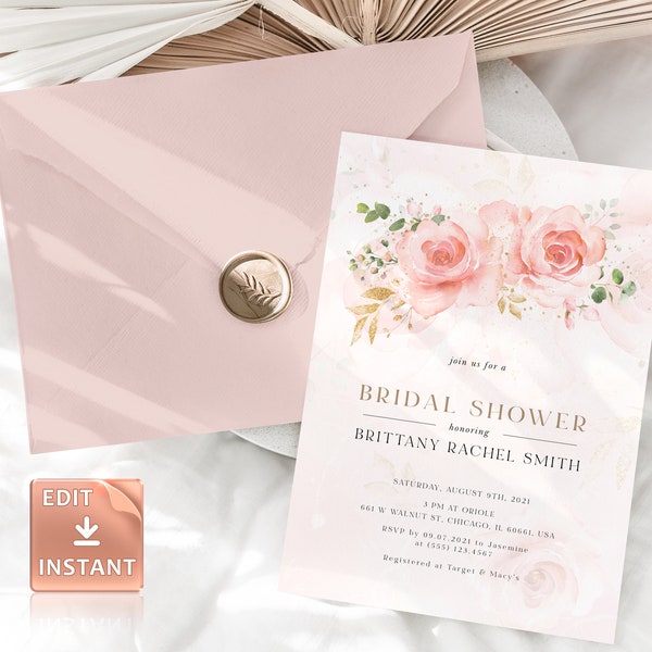 Pink Gold Bridal Shower Invitation, Faux Gold Blush Bachelorette Invite, Digital Download, Printable Editable Template Modern Elegant Shower