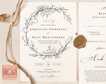 ELLE - Monogram Wedding Invitation Template, Simple Elegant Printable Invite Modern Editable Customizable, Calligraphy Handwritten Font