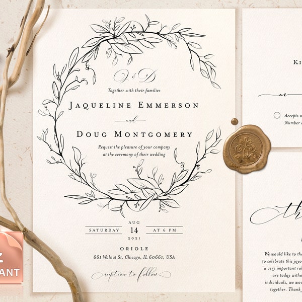 ELLE - Monogram Wedding Invitation Template, Simple Elegant Printable Invite Modern Editable Customizable, Calligraphy Handwritten Font