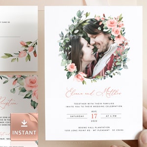 Picture Rose Wedding Invitation Template: Greenery & Peonies (Instant Download)
