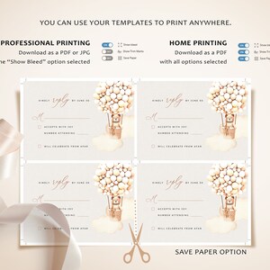 May include: Four printable RSVP cards with a light brown background and a cute illustration of a teddy bear in a hot air balloon with beige and white balloons. The text "KINDLY reply BY JUNE 30" is at the top of each card. The text "M" is at the top left corner of each card. The text "ACCEPTS WITH JOY" is followed by a checkbox. The text "NUMBER ATTENDING" is followed by a blank line. The text "WILL CELEBRATE FROM AFAR" is followed by a checkbox. The text "SAVE PAPER OPTION" is at the bottom of the cards.