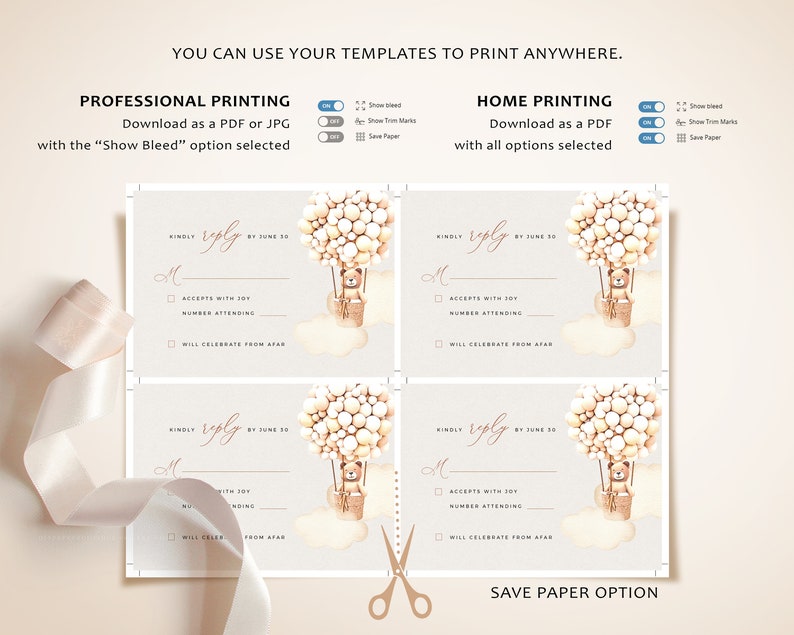 May include: Four printable RSVP cards with a light brown background and a cute illustration of a teddy bear in a hot air balloon with beige and white balloons. The text "KINDLY reply BY JUNE 30" is at the top of each card. The text "M" is at the top left corner of each card. The text "ACCEPTS WITH JOY" is followed by a checkbox. The text "NUMBER ATTENDING" is followed by a blank line. The text "WILL CELEBRATE FROM AFAR" is followed by a checkbox. The text "SAVE PAPER OPTION" is at the bottom of the cards.