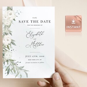 NEVE - White Rose Save the Date Card, groen met witte rozen, aankondiging van de trouwdatum, INSTANT DOWNLOAD, afdrukbare bewerkbare sjablonen