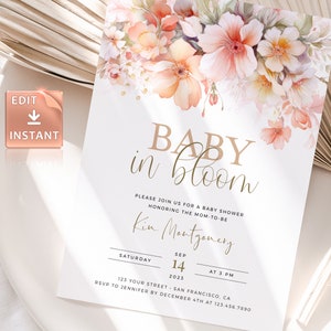 Bebé en flor ducha invitación conjunto acuarela flores silvestres diseño floral editable imprimible plantillas personalizadas celebración fiesta digital invitación