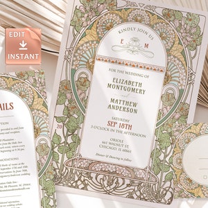 Bougainvillea-Hochzeits-Einladungs-Vorlage Vintage Jugendstil Mucha Klassisch Bearbeitbar Anpassbar Retro-Einladung Art-Deco-Thema Roaring 20th