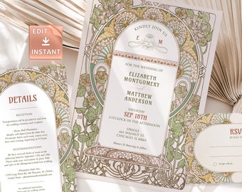May include: A wedding invitation with an Art Nouveau design featuring floral motifs in shades of green, blue, and pink. The invitation is for Elizabeth Montgomery and Matthew Anderson, and the wedding is scheduled for Saturday, September 18th at 3 o'clock in the afternoon. The invitation includes the address for the ceremony and reception, as well as information about transportation and accommodations.