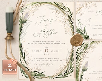 Sage Green Wedding Invitation Template: Bohemian Greenery (Instant Download)