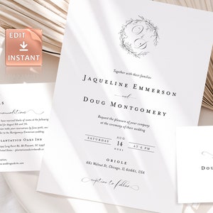 ELLE - Monogram Wedding Invitation Template, Simple Elegant Printable Invite Modern Editable Customizable, Calligraphy Handwritten Font