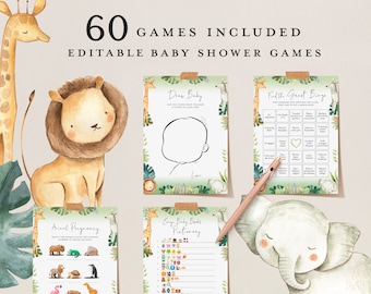 SAFARI Baby Shower Games, Editable Animal Baby Shower Games Bundle, Printable Wild Baby Party Games, Virtual Baby Games, Lion Zebra Giraffe