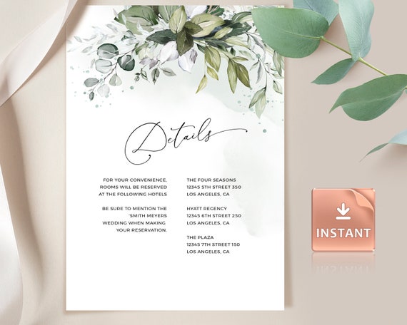 Wedding Details Card: Printable Templett Template (Instant Download)