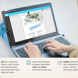 May include: A laptop computer with a screen showing a wedding invitation design template. The template features a watercolor background with green leaves and the word "Details" in a blue box. The text on the screen says "Edit all wording, fonts, font color, and background color or add your own pictures."  "Edit right in your internet browser, save and print as often as you like."  "Share your results with friends via email, text or on social media."
