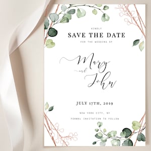 ELISA Rosegold - Afdrukbare Save the Date Card, Boho FAUX Gold Greenery met Eucalyptus, Instant Download afdrukbare bewerkbare bruiloft sjabloon