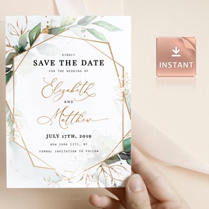 CLEO - Cartão para salvar a data para impressão, Boho Greenery com eucalipto e ouro, DOWNLOAD INSTANTÂNEO, modelo para salvar a data editável para impressão