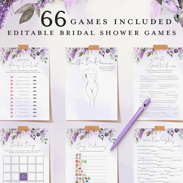 66 Lavender Bridal Shower Games, Editable Bridal Shower Games Bundle, Instant Download, Wedding Shower Games, Printable, Purple Bridal Party