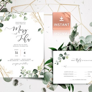 ELISA - Boho bruiloft uitnodiging sjablonen, groen Templett nodigt uit, Instant Download, afdrukbare Boho uitnodigingen, bewerkbare uitnodiging