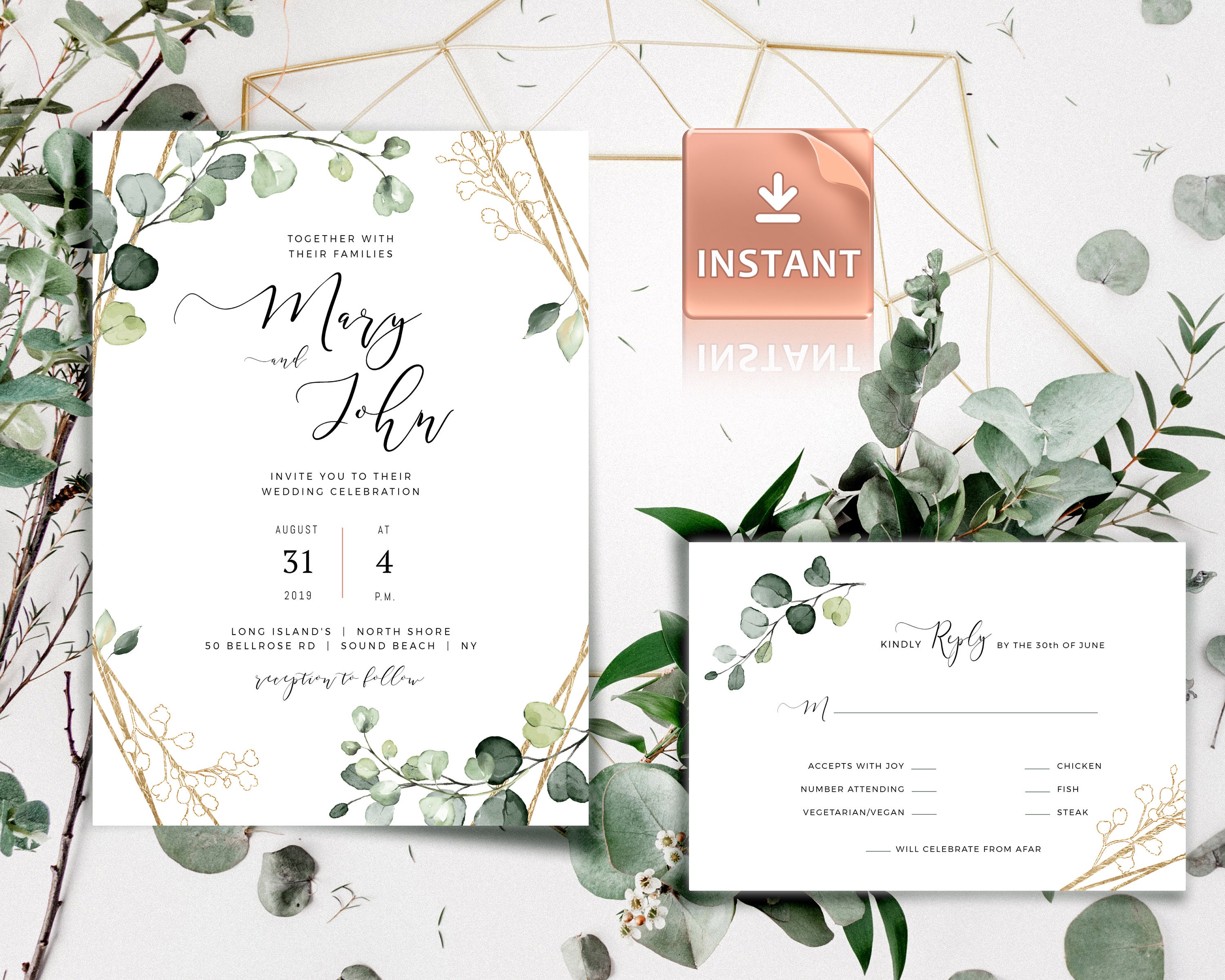 Boho Eucalyptus Wedding Invitation Template: Printable Greenery Suite - Etsy, image size:3000x2400