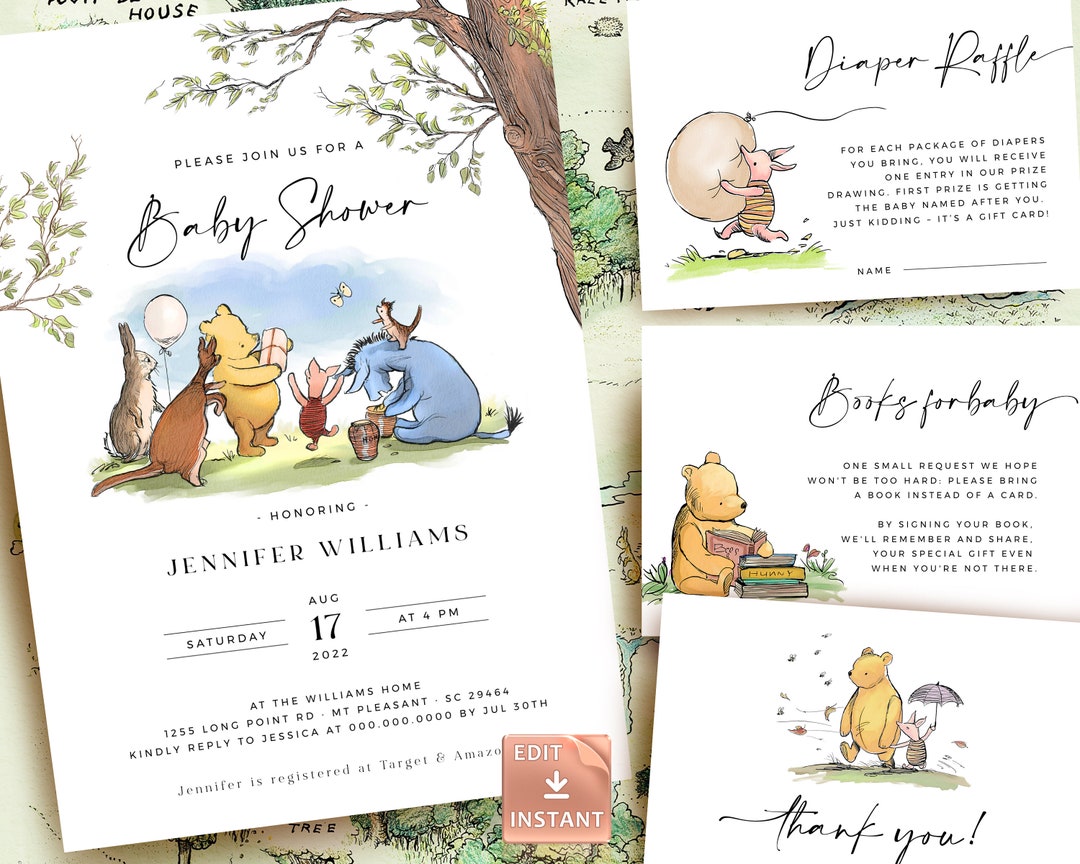Winnie the Pooh Baby Shower Invitation Set: Editable Template - Etsy UK