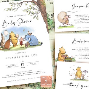 POOH - Baby shower uitnodiging, klassieke Winnie-The-Pooh Baby Sprinkle, luierloterij, boekverzoek, bedankkaart, bewerkbare sjabloon