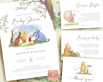 Winnie the Pooh Baby Shower Invitation Set: Editable Template