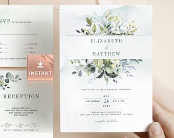 REESE - Greenery Wedding Invitation Template - Printable Aquarelle Greenery and White Flowers Wedding Invite - DIY, Editable, Templett