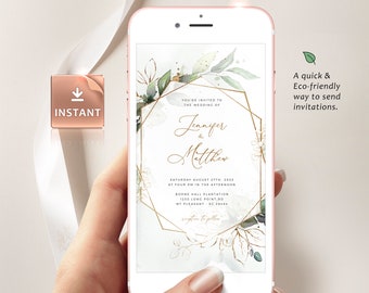 CLEO - Geometric Wedding E Invite By Mail, Evite Template, Digital Invitation, Electronic Greenery Customizable Editable Instant Download