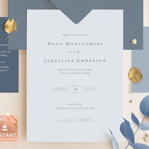 ELLE - Dusty Blue Hochzeitseinladung, Misty Invite Templates, Elegant Invites, Misty Blue bearbeitbare Vorlage, Danke RSVP Details Bundle