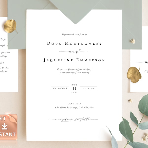 ELLE - Minimalist Wedding Invitation, Simple Elegant Printable Invite Templates Modern Editable Customizable, Thank You RSVP Details Bundle