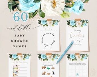 BLUE Gold Baby Shower Games, 60 Editable Baby Shower Games Bundle, Download, Greenery Printable Baby Boy Party Games, Virtual Baby Games