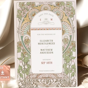 Save The Date Vorlage Bougainvillea Vintage Jugendstil Mucha Klassisch Editierbar Anpassbar Retro Invite Art Deco Thema Roaring 20th