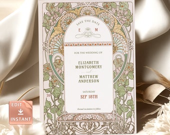 May include: A vintage-style wedding invitation with floral and geometric Art Nouveau design. The invitation features the text "Save the Date" and details for Elizabeth Montgomery and Matthew Anderson, with the date "SEP 18TH".