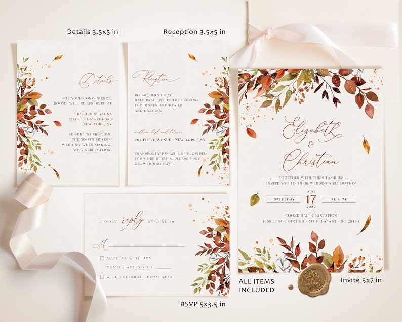 SIENNA Fall Wedding Template Kit, Burnt Orange Wedding Invite Kit, Whimsical Wedding Invitation Set, Invitation Collection Template Bundle image 9