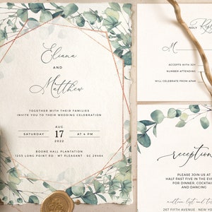 LAILA - Geometric Wedding Invitation Template with Watercolor Eucalyptus Greenery, INSTANT Download, Editable, Printable Boho Templett Suite