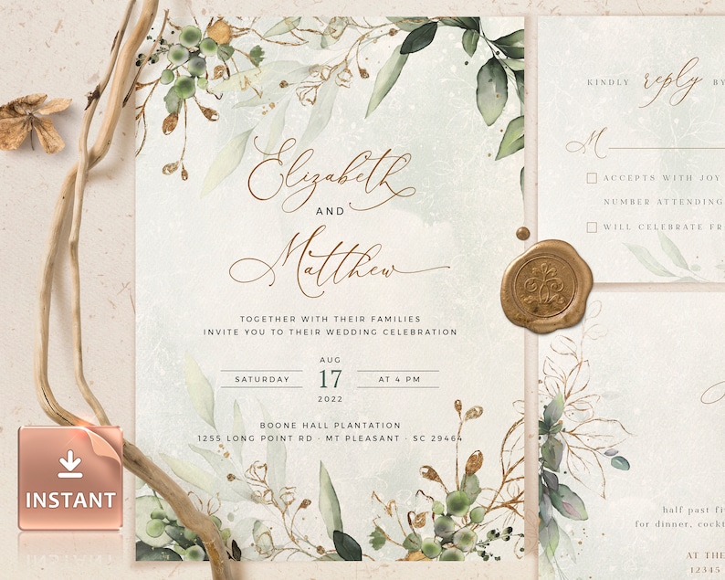 Einladungskarten in Greenery und Gold