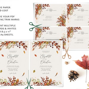 May include: A printable wedding invitation with a fall theme. The invitation features a watercolor design with leaves in shades of orange, red, and green. The text on the invitation reads "You're invited to the wedding of Elizabeth and Christian".