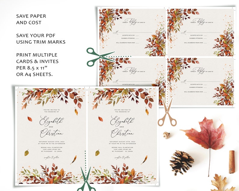 May include: A printable wedding invitation with a fall theme. The invitation features a watercolor design with leaves in shades of orange, red, and green. The text on the invitation reads "You're invited to the wedding of Elizabeth and Christian".