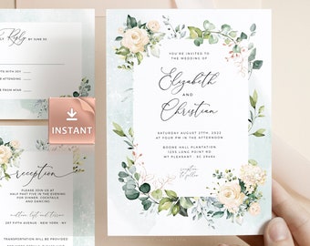 BOHEMIAN Wedding Invitation Template Kit, Copper Eucalyptus Greenery, INSTANT Download, Editable Suite, Printable Boho Bundle Set