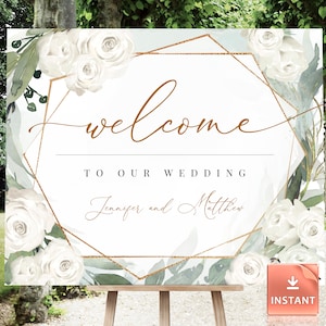 White Roses Wedding Welcome Sign: Greenery Boho Template (Printable)