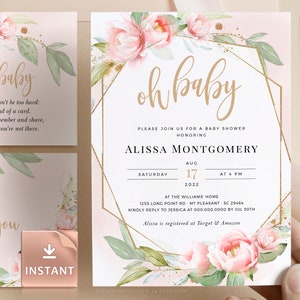 LORI - Pink Floral Oh Baby Invitation Template Set Geometric Baby Shower Invite Watercolor Blush Pink Floral Printable Editable Gold Flowers