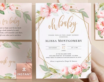 Pink Floral Baby Shower Invitation Template: Blush Watercolor (Editable Printable)