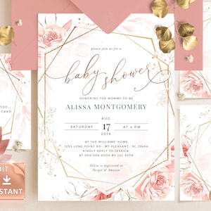 LUNA - Rosa Baby-Dusche-Einladung, geometrische Gold-Baby-Dusche-Einladung, Baby-Dusche-Mädchen-Vorlage, druckbare Baby-Karten DIY bearbeitbare Templett