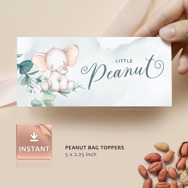JOY - Little Peanut Bag Topper, bearbeitbare Geschenkvorlage für Baby-Dusche-Gäste, Baby-Elefant-Geschlechtsneutral, druckbare Baby-Dusche-Geschenktaschen