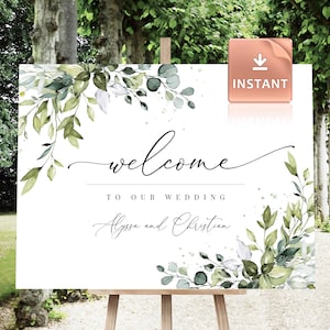 Placa grande de boas-vindas para casamento: Boho Greenery, nomes personalizados (download digital)