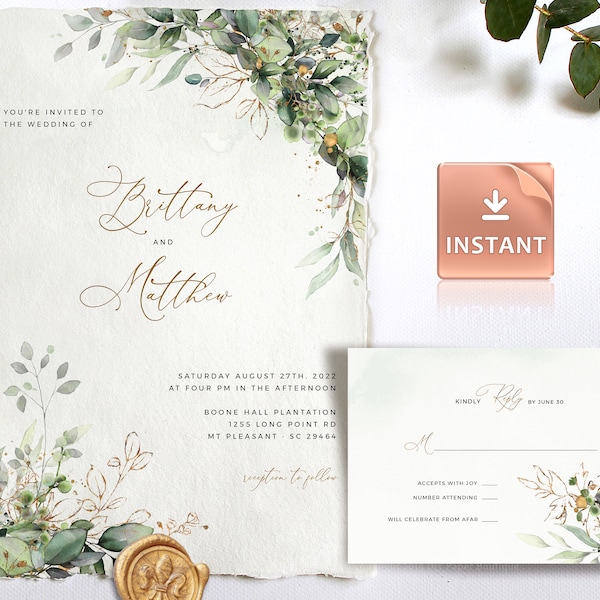 Boho Barn Wedding Invitation Template, Printable Invite Template, Invitation Template Set Download, Bohemian Greenery Invites #081